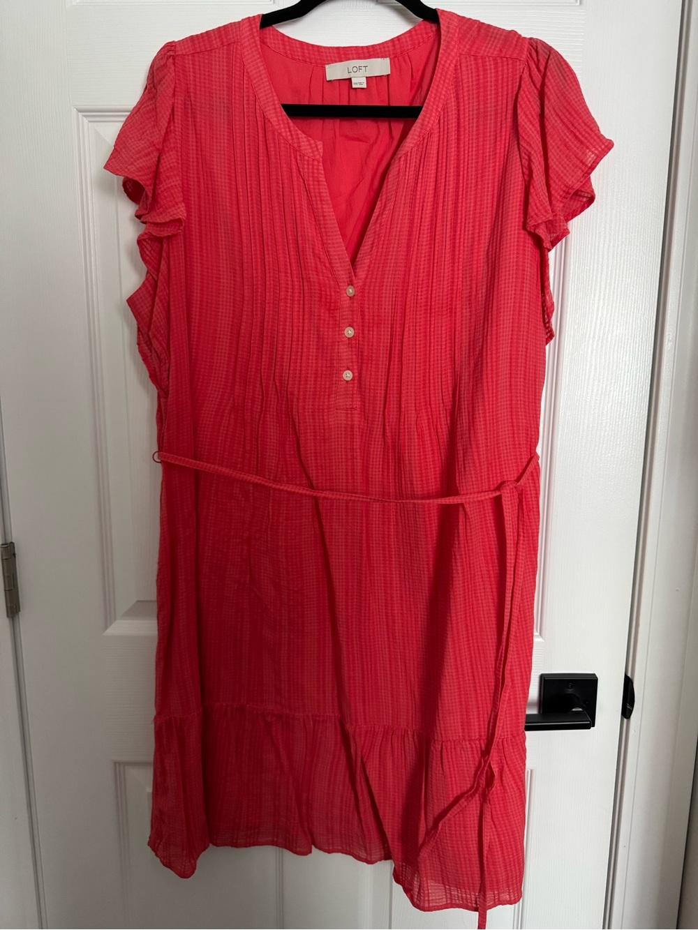 LOFT Coral Pink V-Neck Midi Dress with Ruffle Sleeves